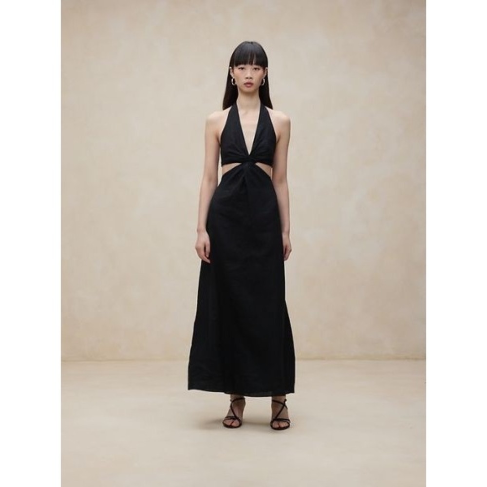 Banana Republic Lisa Midi Dress 100% Linen Small Black Halter Cutout Twist Front - Picture 15 of 15